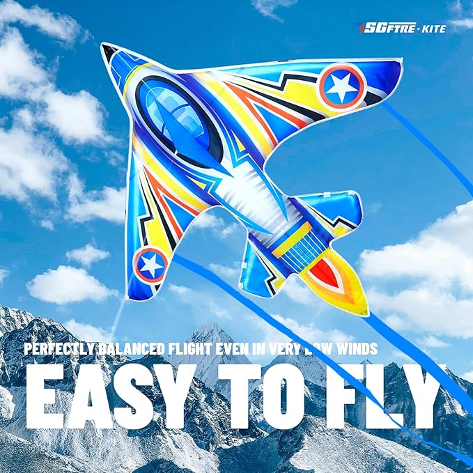 Airplane Kite for Kids and Adults, Easy to Fly with Durable Fiberglass Frame, Outdoor Fun Sports Plane Kite with Handle and Line Good Flying (Fighter Plane-Blue)