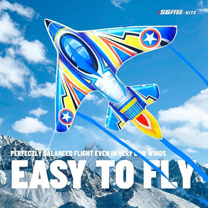 Airplane Kite for Kids and Adults, Easy to Fly with Durable Fiberglass Frame, Outdoor Fun Sports Plane Kite with Handle and Line Good Flying (Fighter Plane-Blue)