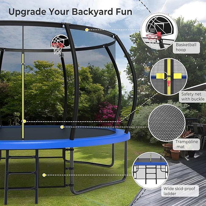 12 14 15 16FT Outdoor Trampolines for Kids and Adults, Pumpkin Trampolin with Curved Poles, Recreational Trampolin with Basketball Hoop and Safety Enclosure Net for Kids and Adults