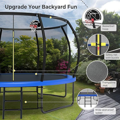 12 14 15 16FT Outdoor Trampolines for Kids and Adults, Pumpkin Trampolin with Curved Poles, Recreational Trampolin with Basketball Hoop and Safety Enclosure Net for Kids and Adults
