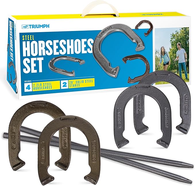 Triumph Forged and Steel Horseshoe Set Complete with 4 Horseshoes, 2 Stakes - Patriotic or Blue and Grey Colors - Perfect Addition for Parties and Outdoor Gatherings