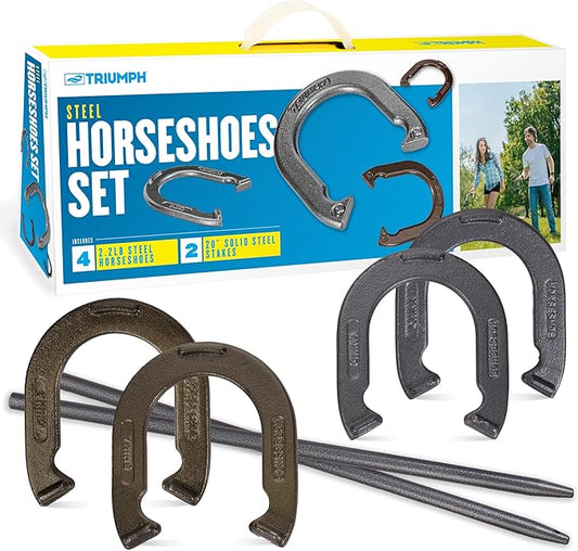 Triumph Forged and Steel Horseshoe Set Complete with 4 Horseshoes, 2 Stakes - Patriotic or Blue and Grey Colors - Perfect Addition for Parties and Outdoor Gatherings