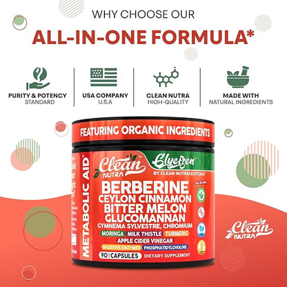 Clean Nutra Berberine and Ceylon Cinnamon Supplement Bitter Melon Glucomannan Gymnema Sylvestre Chromium Moringa Milk Thistle Turmeric Apple Cider Vinegar Digestive Enzymes Inositol Pills 90 Capsules