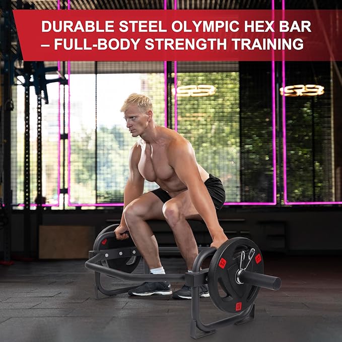 Olympic 2-Inch Hex Weight Lifting Trap Bar for Strength Training, 500-Pound Capacity, Safety Clips, Home Gym for Shoulder Presses, Shrugs, Back Rows