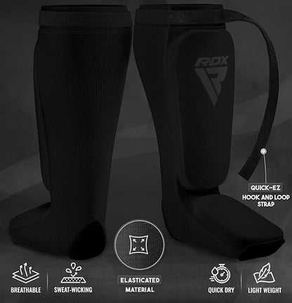 RDX Shin Guards Kickboxing Muay Thai, SATRA Approved, MMA Leg Instep Protection Pads, Sparring Training Martial Arts Boxing, Elasticated Padded Protector, Karate BJJ Taekwondo Gear, Men Women