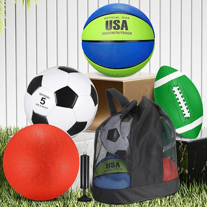 Lenwen 4 Pcs Sports Balls Set, Include Official Size Basketball Soccer Football Playground Ball Pump Equipment Bag for Teen Adult Gift Operation Christmas Ball Gifts