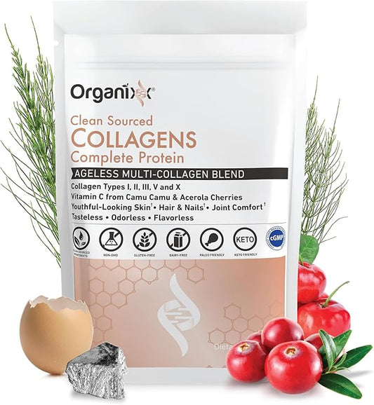 Organixx Collagen Peptides Powder with Vitamin C, Types I, II, III, V, X Hydrolyzed Collagen, Hair
