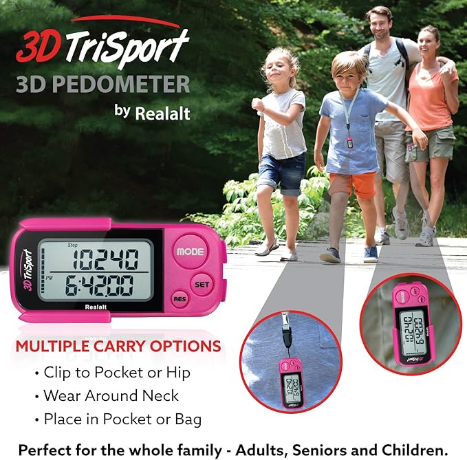 3DTriSport Walking 3D Pedometer with Clip & Strap, eBook Included | 30 Days Memory, Accurate Step Counter, Walking Distance Miles/Km, Calorie Counter, Daily Exercise Time Monitor