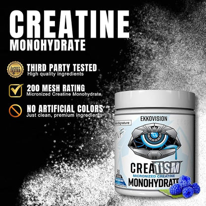 Ekkovision Creatine Monohydrate Powder, Micronized, Puckin' Blue Razz, Pre Workout & Post Workout Supplement for Men & Women, Energy Support, Easy to Mix in Shakes, Smoothies & Beverages, 50 Servings