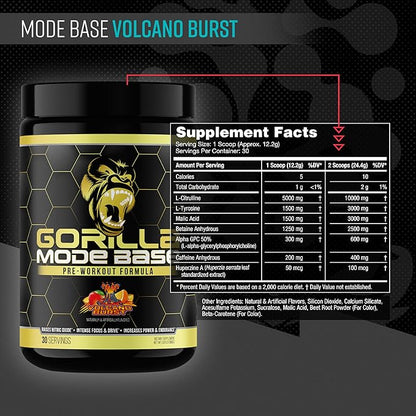 Gorilla Mind Base Pre Workout - Raises Nitric Oxide Intense Focus & Drive Endurance Power - L-Citrulline, L-Tyrosine, Betaine, Alpha-GPC, Caffeine, Huperzine A - 360 Grams (Volcano Burst)