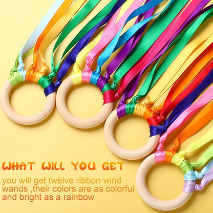 12 Pcs Rainbow Ribbon Wooden Waldorf Toys Creative Waldorf Hand Kite Set Streamers with Wood Ring Sensory Learning Educational Toy for Playroom Dancing Birthday (Bright Color)