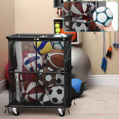smusei Ball Storage Bin Rolling Sports Ball Storage Cart Garage Sports Equipment Organizer Rack with Wheels Outdoor Basket Ball Cage for Garage, School, Gym, Yoga Room