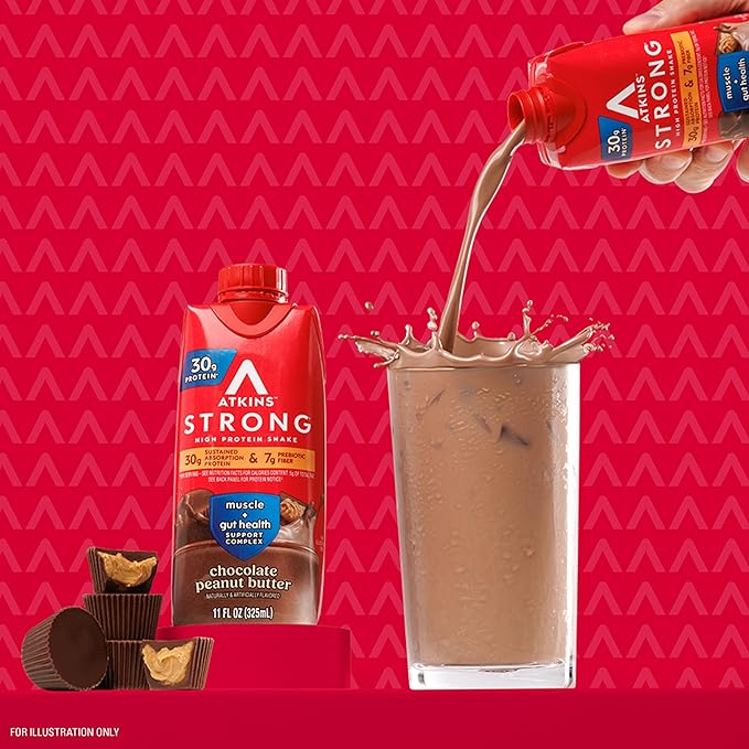 Atkins Strong High Protein Shake, Chocolate Peanut Butter Flavor, 30g Protein, Low Carb and Low Sugar Shake, Keto Friendly, Gluten Free, Muscle and Gut Health Support Complex, 12 Count