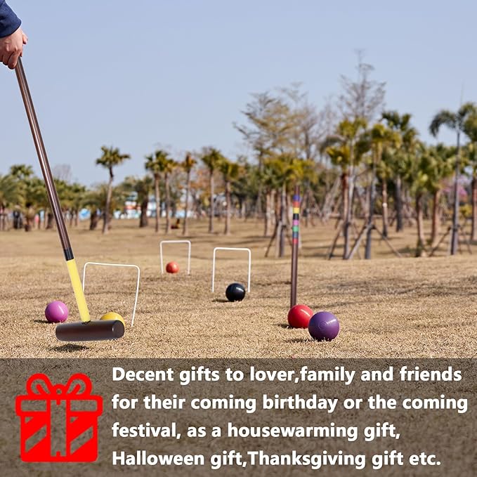 8 Players Croquet Set with 32In Regulation | 28In Standard Size Rubber Wood Mallets, Colored PE Ball, Wickets, 21In End Stakes and Bag - Lawn Backyard Game for Teens/Adults/Family