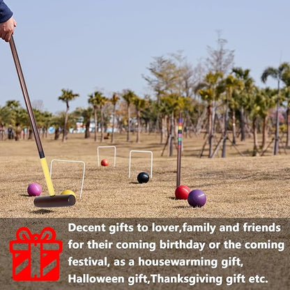 8 Players Croquet Set with 32In Regulation | 28In Standard Size Rubber Wood Mallets, Colored PE Ball, Wickets, 21In End Stakes and Bag - Lawn Backyard Game for Teens/Adults/Family