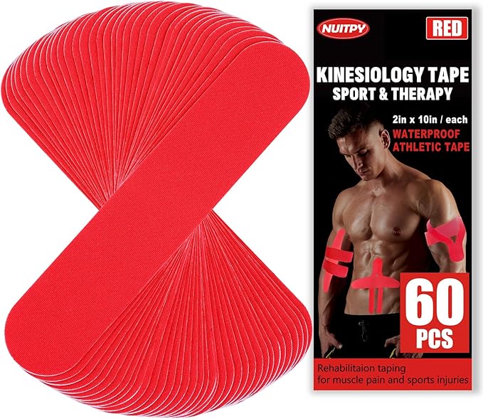 60PCS Precut Kinesiology Tape Strips, 2 inch x 10 inch Athletic Tape, Kinetic Tape, Elastic Muscle Tape, Sports Tape, Knee Tape for Exercise and Daily Use - Red