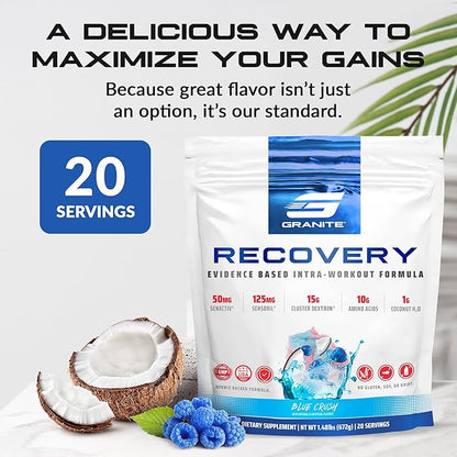Granite Recovery Intra and Post-Workout Supplement, Blue Crush Flavor, with 10g Aminos, Electrolytes, Cluster Dextrin, & Sensoril, Supports Muscle Recovery & Growth (20 Servings)