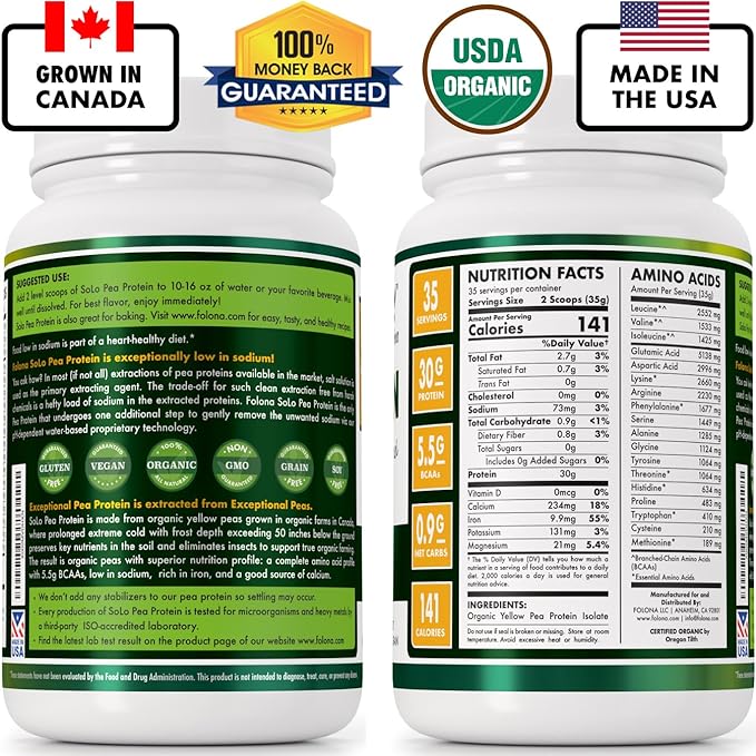 Solo Organic Pea Protein Isolate, Low in Sodium, Canada Grown Peas, 100% Vegan, Non-GMO, Unflavored Plant Based Protein Powder with BCAA, Keto & Paleo Friendly, Easy to Digest, No Additives (2.7 lbs)