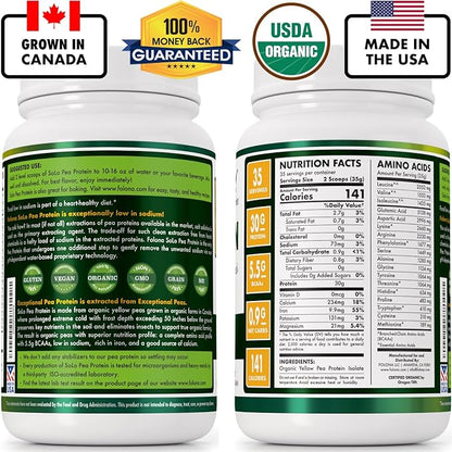 Solo Organic Pea Protein Isolate, Low in Sodium, Canada Grown Peas, 100% Vegan, Non-GMO, Unflavored Plant Based Protein Powder with BCAA, Keto & Paleo Friendly, Easy to Digest, No Additives (2.7 lbs)