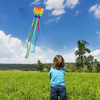 Xida Octopus Kite for Kids Ages 4-8, Professional Kites for Beginners and Adults, Easy to Fly Beach Kites for Boys and Girls, Long Colorful Tail with 200ft Line, Large Kite for Outdoor Family Games