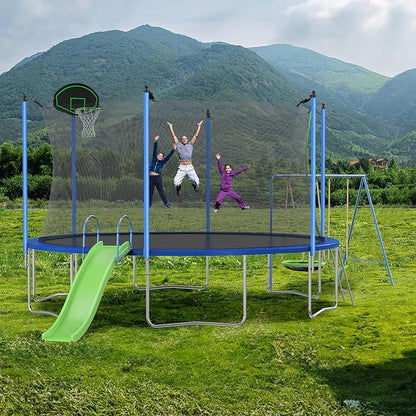 12FT 14FT Trampoline with Slide and Swings, ASTM Approved Outdoor Trampoline with Basketball Hoop and Ladder, Capacity for 5-7 Kids and Adults