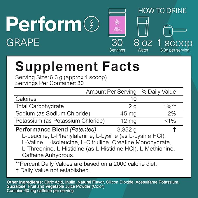 The Amino CO. - Perform Pre Workout Powder Supplement with Pure EAA Amino Acids & Natural Flavor, Stevia Sweetened Preworkout Energy Boost for Men & Women - Grape (6.7 oz)