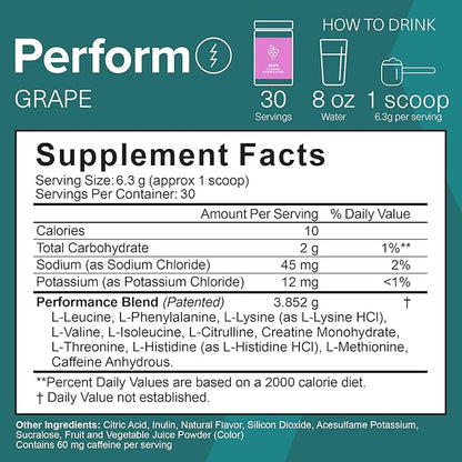 The Amino CO. - Perform Pre Workout Powder Supplement with Pure EAA Amino Acids & Natural Flavor, Stevia Sweetened Preworkout Energy Boost for Men & Women - Grape (6.7 oz)