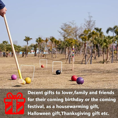 8 Players Croquet Set with 32In Regulation | 28In Standard Size Rubber Wood Mallets, Colored PE Ball, Wickets, 21In End Stakes - Lawn Backyard Game Kit for Teens/Adults/Family