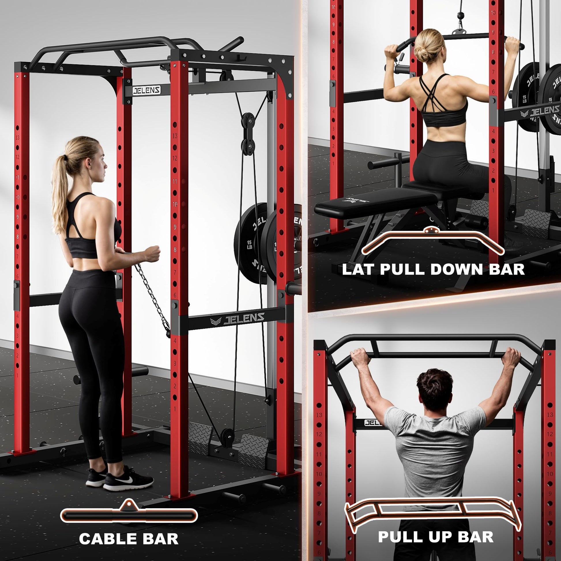 JELENS S21 Power Cage, Multi-Function Power Rack with Adjustable Cable Crossover System, 2000LBS