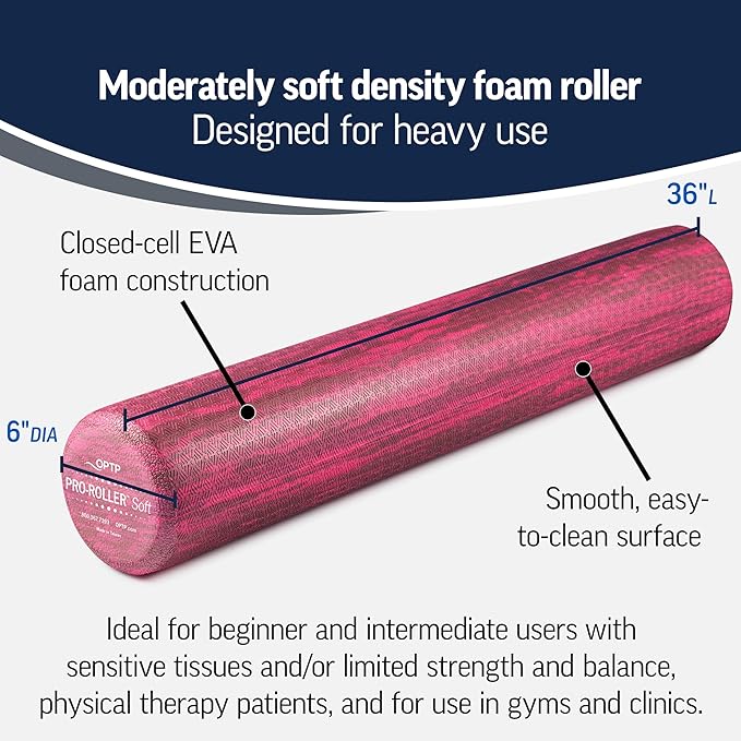 OPTP PRO-Roller Soft Density Foam Roller ??Low Density Soft Foam Roller for Physical Therapy, Pilates, Yoga Foam Roll Exercises, and Muscle Recovery - Pink 36" x 6"