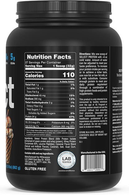 PEScience Select Protein Powder, Whey and Casein Blend, Clean Protein Powder for Women and Men, Low Calorie, Low Carb, Keto Friendly, Gluten Free - Caramel Waffle Cone - 27 Servings