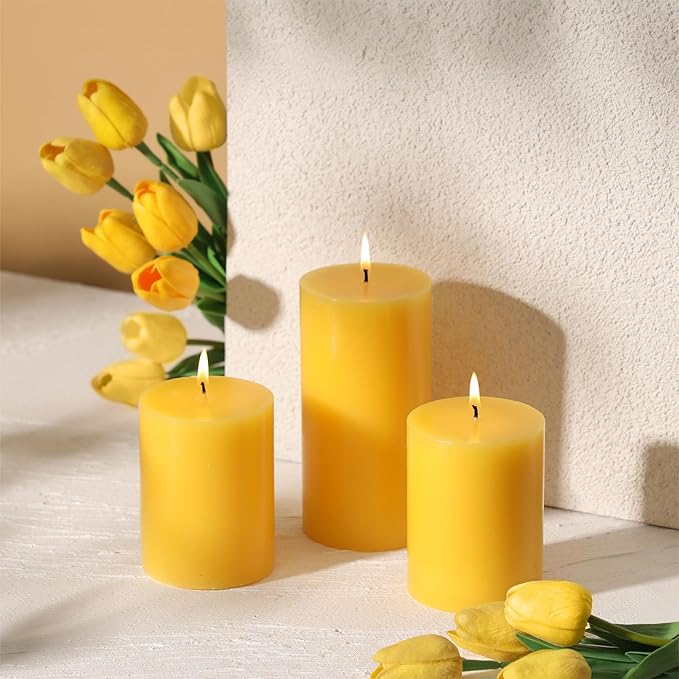 3x6 Inch Yellow Pillar Candles Set of 3 - Decorative Unscented Pillar Candles, Long Burning Dripless Candles for Table Decor, Smokeless Large Pillar Candles for Wedding, Dinner, Rustic Home Decor