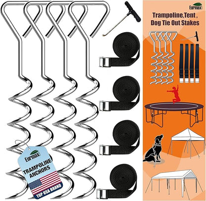 Eurmax USA Trampoline Stakes Heavy Duty Trampoline Parts Corkscrew Shape Steel Stakes Anchor Kit with T Hook for Trampolines -Set of 4 Bonus 4 Strong Belt,Silver