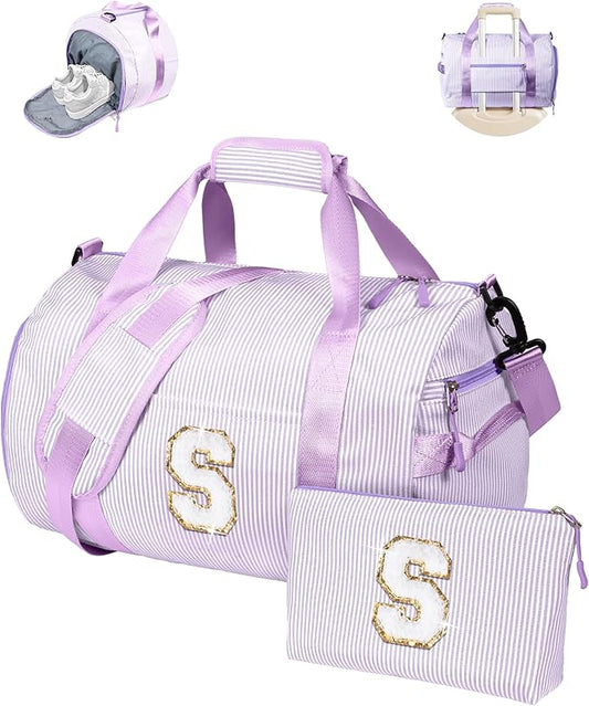 Teen Girl Gifts Trendy Stuff, Girl Gym Bag, Kids Initial Overnight Duffel Bags with Shoe Compartment, Personalized Dance Bag with Makeup Pouch, Daughter Sister Niece Birthday Gift (Letter S)