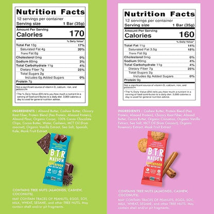 B.T.R. Nation Superfood Keto Protein Bars, Plant Based Vegan - Cinnamon Cookie Dough & Dark Chocolate Brownie | 12 Pack of Each | Low Carb, GF & Calorie, No Sugar Alcohols, Boosted with Superfoods