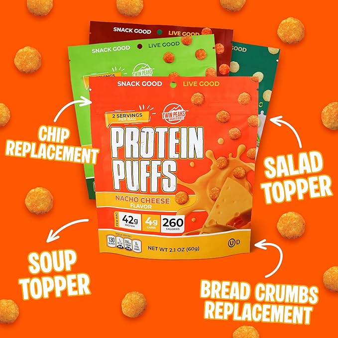 Twin Peaks Low Carb, Keto Friendly Protein Puffs, 2 Serving 12 Pack, (60g, 42g Protein, 4g Carbs)