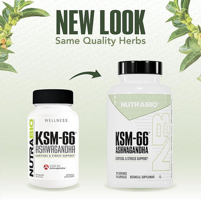 NutraBio Ashwagandha KSM-66 | Ashwaganda Herbal Supplement for Stress, Mood, & Performance | 600 MG of Clinically Studied KSM66 90 Capsules