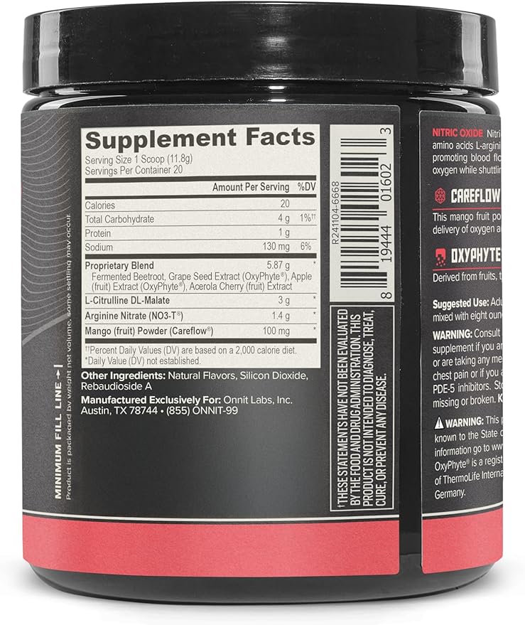 ONNIT Total Nitric Oxide Exercise Performance Powder, Harvest Fruit Punch Flavor, Caffeine-Free Dietary Supplement to Support Muscle Growth and Recovery with NO3-T Arginine Nitrate, 20 Servings