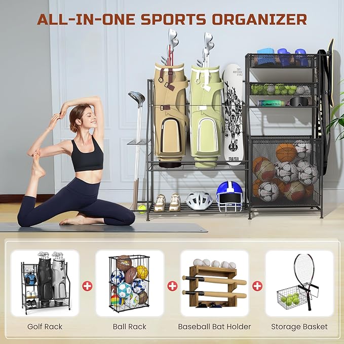 Garage Sports Equipment Organizer,3 Golf Bags Storage Stand,Heavy-Duty Ball Storage Rack with Basket and Hooks,Space-Saving Design for Toy Sports Gear Storage Indoor/Outdoor Use (Black)