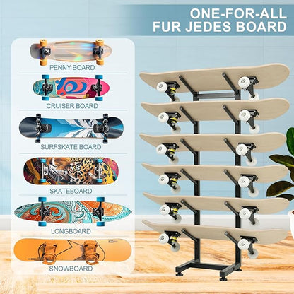 BiJun Skateboard Racks Floor Stand, 6-Layer Skateboard Wall Mount,Snowboard Storage Rack, Skateboard Organizer Floor Stand for Deck, Longboard, Snowboard, Standard Skateboards, Mini Cruiser Skateboard