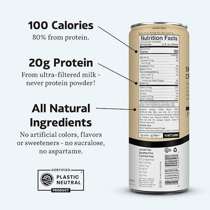 Slate Milk - High Protein Iced Coffee - Vanilla Latte - 175mg Caffeine, Lactose Free Energy - 20g Protein, 1g Sugar, 100 Calories, 1g Net Carbs, No Sugar Added - Protein Coffee - 11 fl oz, 12 Cans