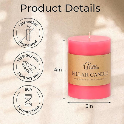3x4 Inch Pink Pillar Candles Set of 3-Decorative Unscented Pillar Candle, Long Burning Dripless Candles for Table Decor, Smokeless Large Pillar Candle for Wedding Table, Dinner, Valentines Decor