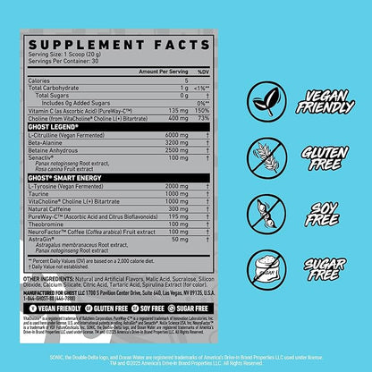 GHOST Legend Pre-Workout Powder, Sonic Ocean Water - 30 Servings ??Pre-Workout for Men & Women with Choline, L-Citrulline, & Beta Alanine for Energy & Focus