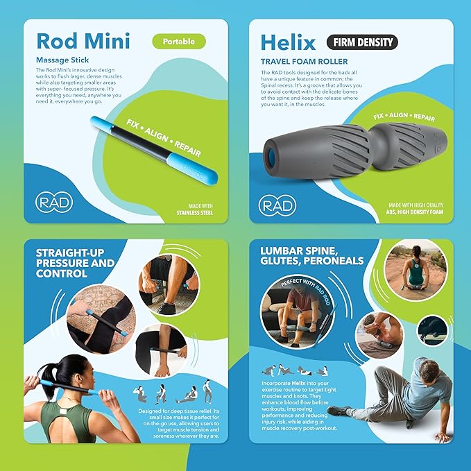 RAD Portable Travel Bundle ??Compact Myofascial Release Massage Set, Travel-Friendly Muscle Recovery Tools - Includes Exercise Foam Roller, Massage Stick, and Peanut Ball