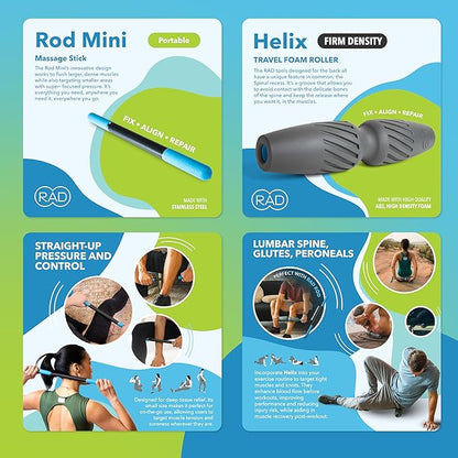 RAD Portable Travel Bundle ??Compact Myofascial Release Massage Set, Travel-Friendly Muscle Recovery Tools - Includes Exercise Foam Roller, Massage Stick, and Peanut Ball