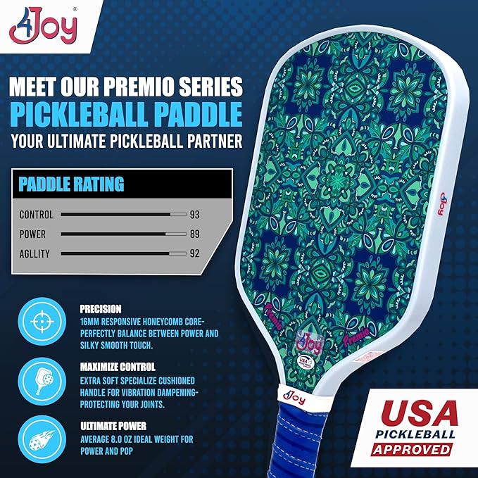 4Joy Pickleball Paddle Premio Series - Thermoformed Premium T700 Carbon Fiber Pickleball Paddless - Professional Pickleball Rackets for Women & Men - 16mm Honeycomb Core - USAP Approved