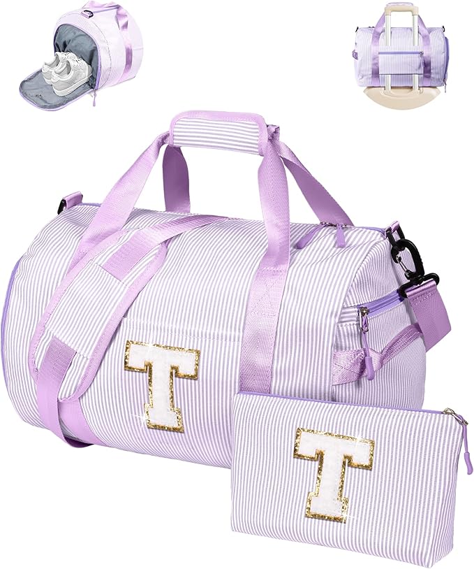 Trendy Stuff for Tween, Girl Gym Bag, Kids Initial Overnight Duffel Bags with Shoe Compartment, Personalized Dance Bag with Makeup Pouch, Gift for 3 4 5 6 7 Year Old Kid (Letter T)