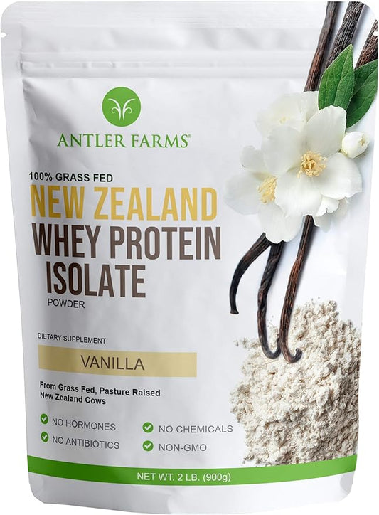 Antler Farms - 100% Grass Fed New Zealand Whey Protein Isolate, Vanilla Flavor, 2 lbs - Pure and Clean, 4 Ingredients, Delicious, Cold Processed
