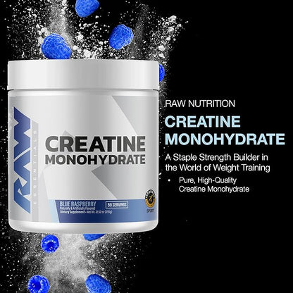 RAW Nutrition Creatine Monohydrate Powder, Blue Raspberry (30 Servings) - Micronized Creatine Monohydrate Supplement for Workout Performance, Build Muscle & Strength - Creatine Powder for Men & Women