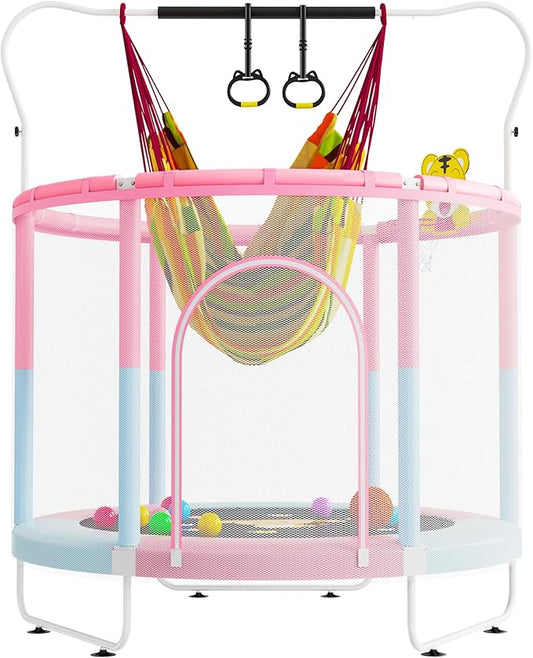 60" Trampoline for Kids, 5 FT Indoor & Outdoor Toddler Baby Trampoline with Basketball Hoop, Safety Enclosure, Birthday Gifts for Kids, Gifts for Boy and Girl, Age 3-8